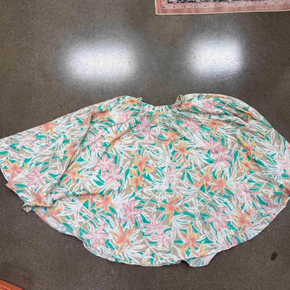 G.W. Originals Vintage 80s Tropical Floral Midi Skirt Pink Teal Elastic Waist